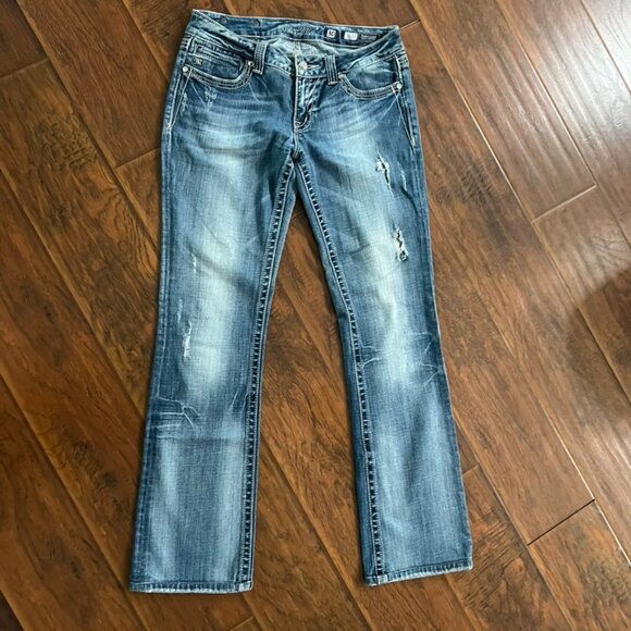 Miss Me Jeans Womens 30 Fleur de Lis Embellished Bootcut Distressed Denim - Picture 7 of 11